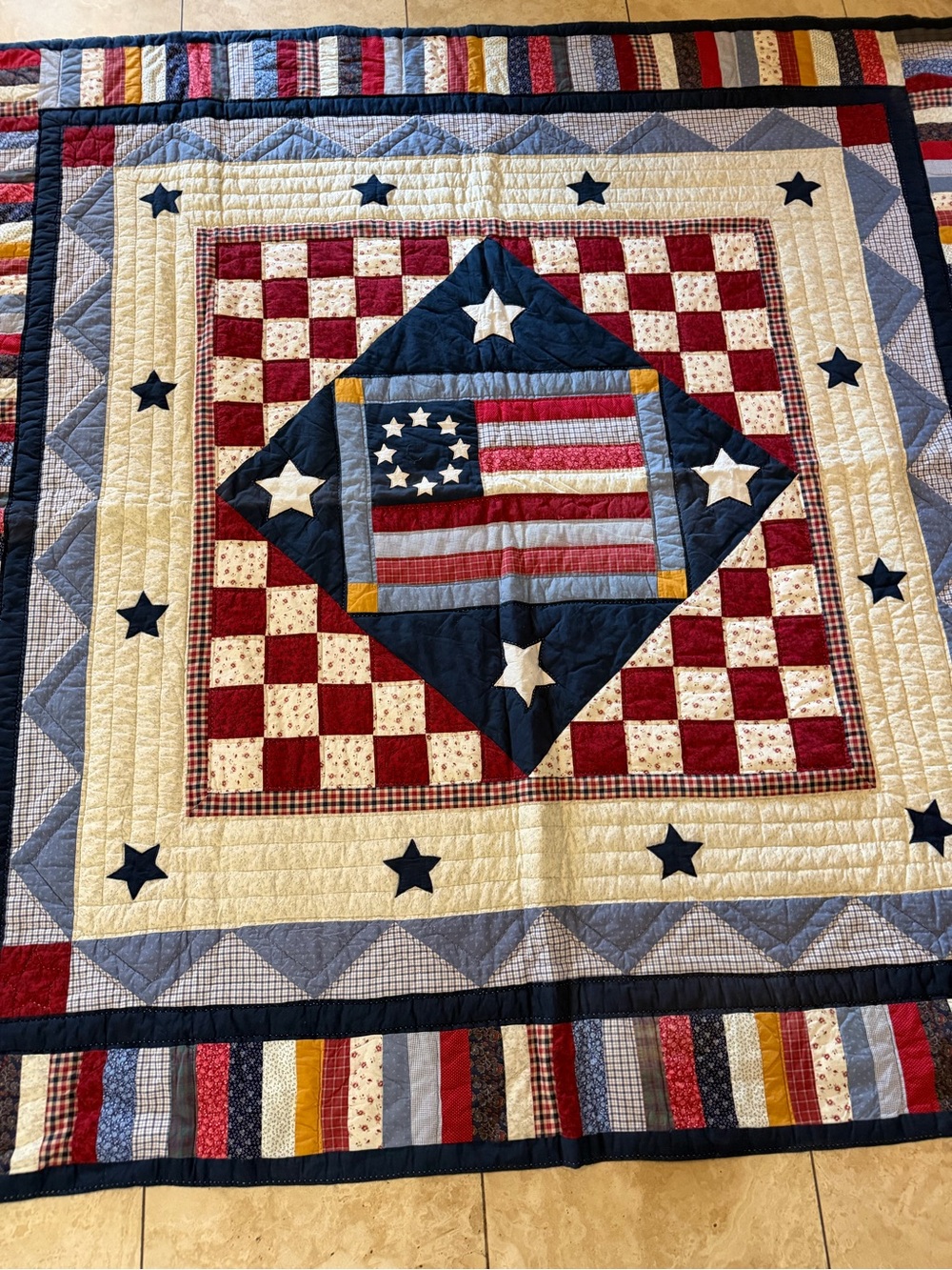 Vintage Patriotic Celebrate America 4th Of July Handmade 80x82” Quilt EUC